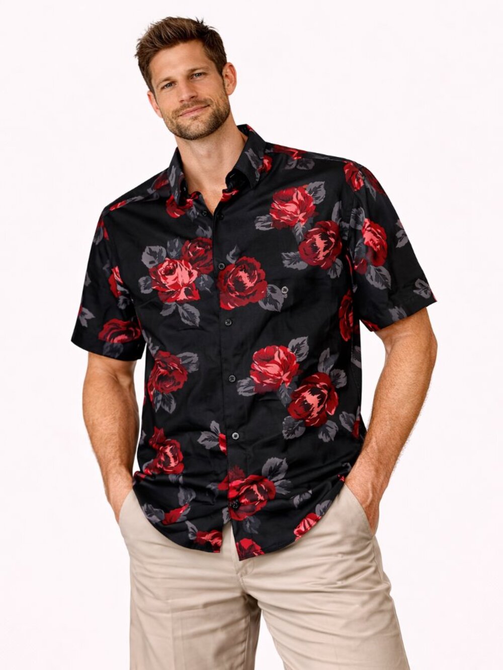 Express Men's Slim Black Floral Red Rose Print Shirt - Size Small - NWT $59.90